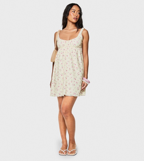 Petite Ditsy Floral Broderie Square Neck Smock Dress