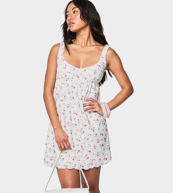 Floral Print Broderie Sleeveless Mini Dress