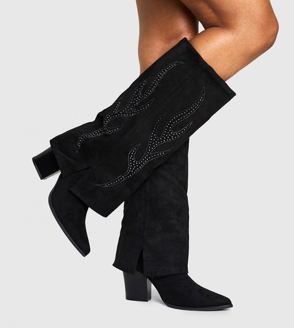 Western Detailed Foldover Knee High Boots