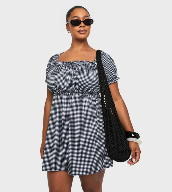 Curve Plaid Puff Sleeves Smock Mini Dress