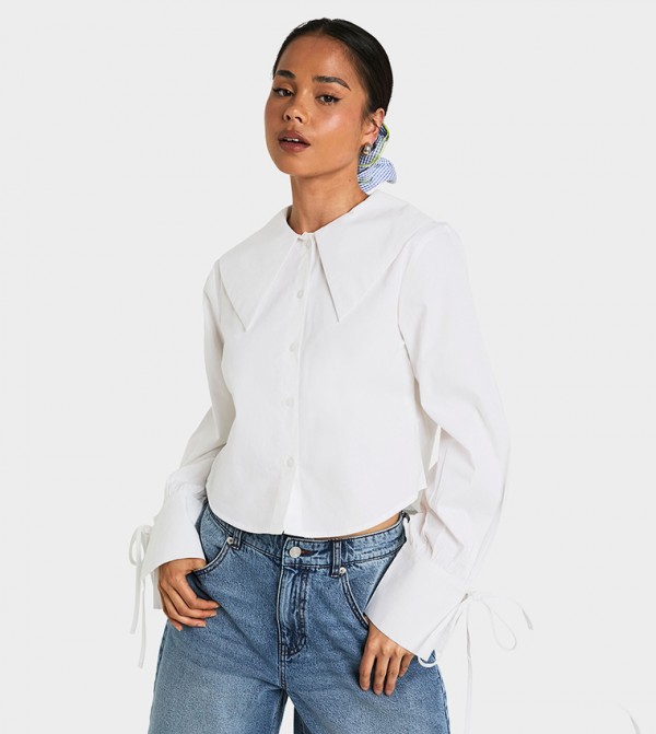 Solid Long Sleeves Crop Poplin Shirt