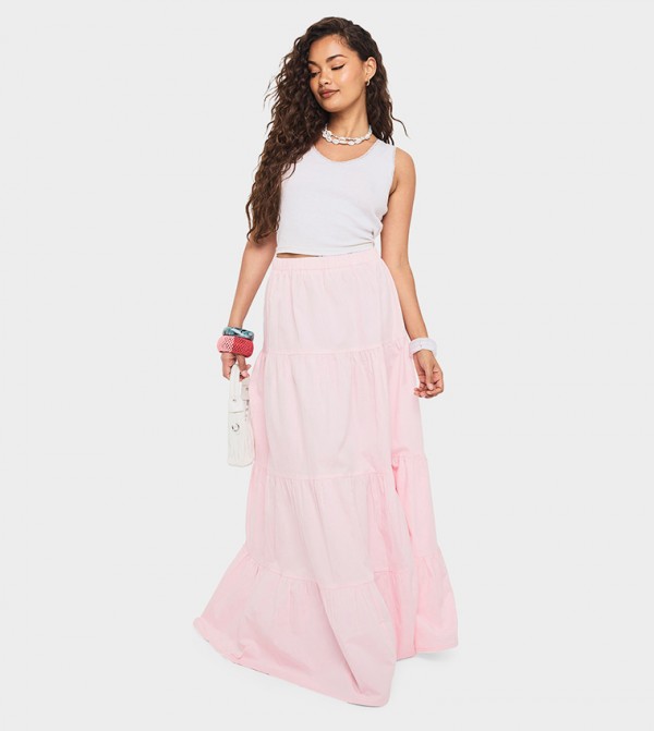 Elastic Waist Poplin Tiered Maxi Skirt