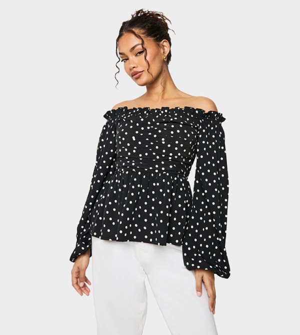 Polka Dots Long Sleeves Bardot Top