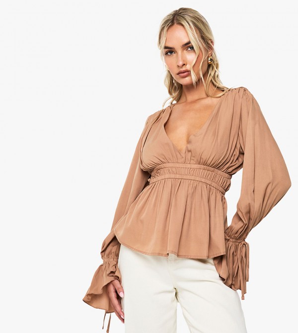 Plunge Neck Long Sleeves Peplum Top
