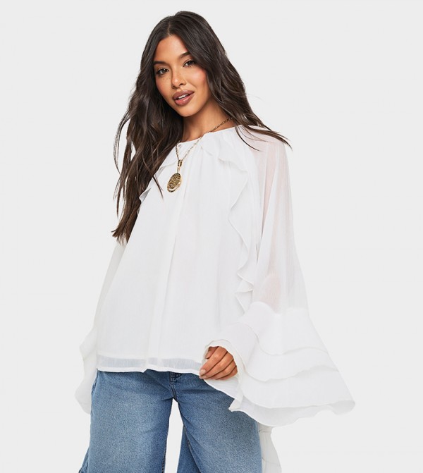 Chiffon Flared Sleeves Button Back Top