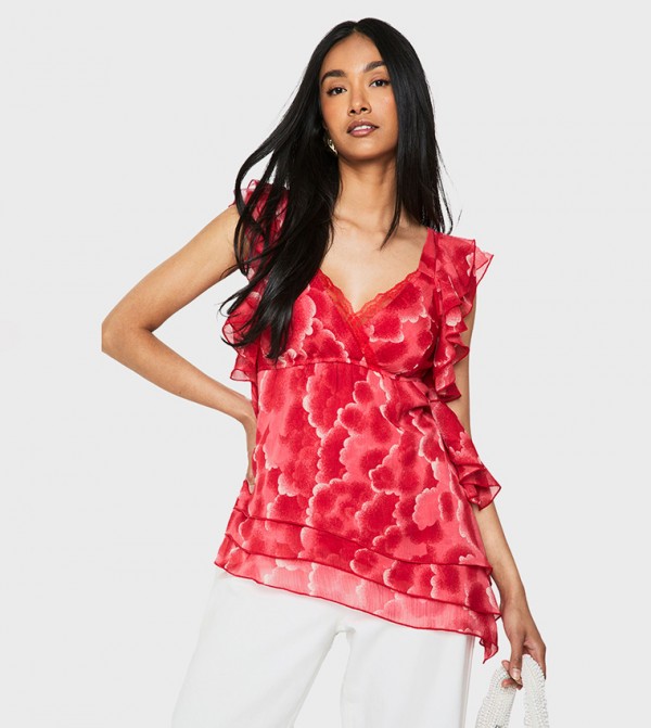 Floral Print Chiffon Asymmetric Ruffle Top