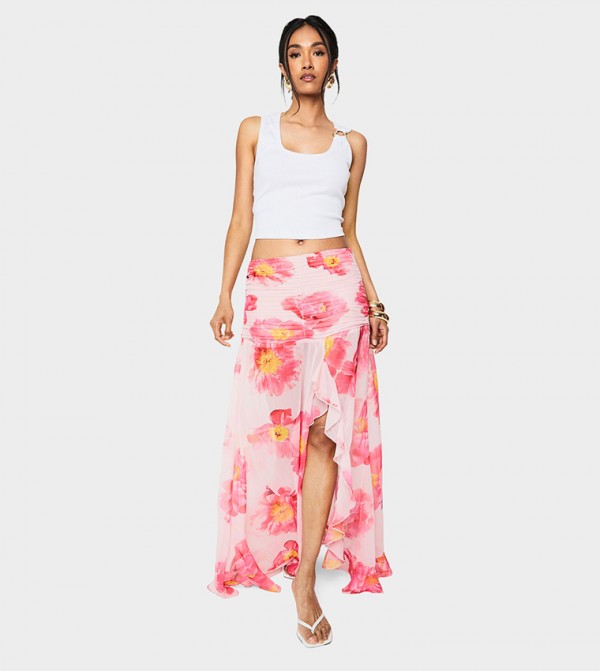 Floral Print Chiffon Ruffle Split Leg Maxi Skirt
