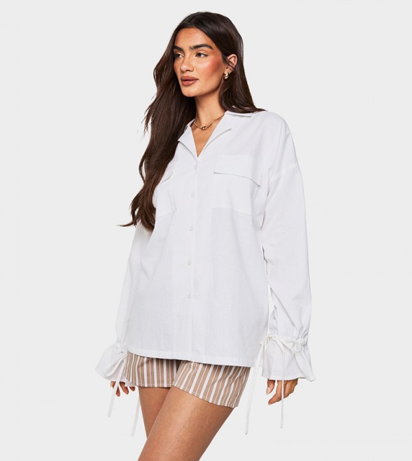 Linen Oversized Tie-Up Cuff Shirt