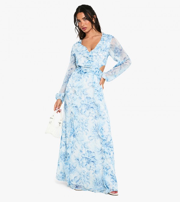 Petite Floral Chiffon Long Sleeves Maxi Dress