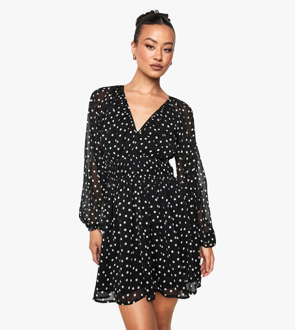 Tall Polka Dot Chiffon Volume Sleeves Ruched Waist Mini Dress