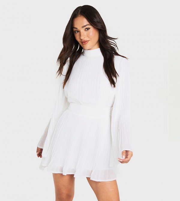 Petite Pleated Chiffon High Neck Flared Sleeves Mini Dress