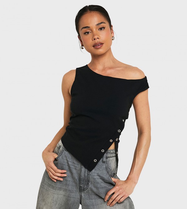 Asym Hem Popper Detail Crop Top