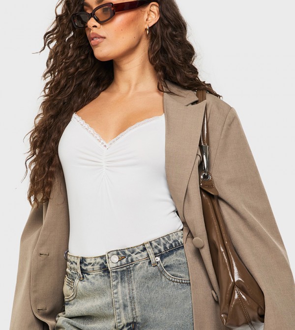 Super Soft Lace Trim Ruched Bust Cami Bodysuit Top