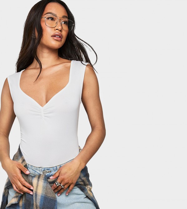 Super Soft Ruched Bust Sweetheart Neck Bodysuit Top
