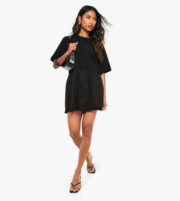 Solid Short Sleeves Smock Mini Dress