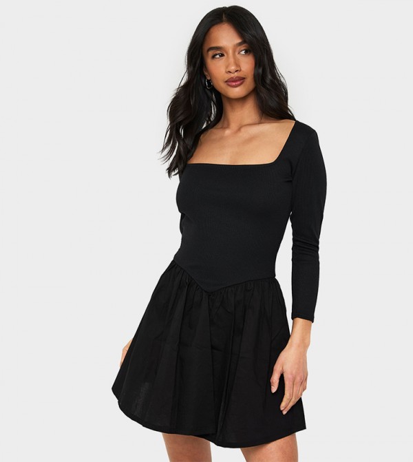 Petite Jersey Ribbed Long Sleeves Mini Dress