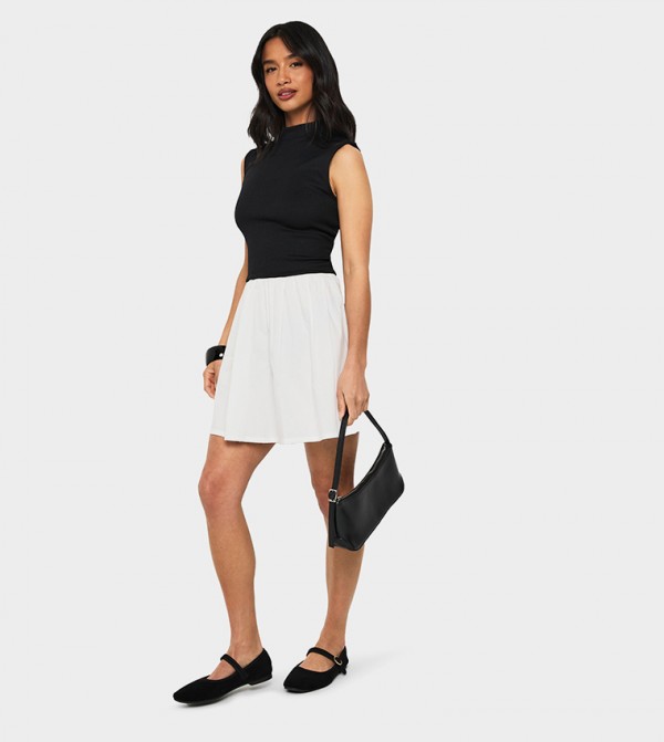 Petite Contrast Jersey Ribbed Cotton Mix High Neck Mini Dress