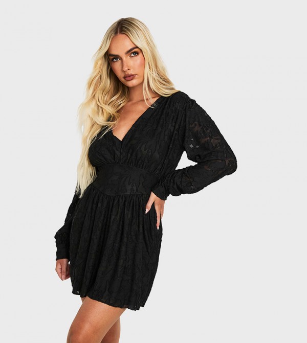Burnout Floral Long Sleeves Skater Mini Dress