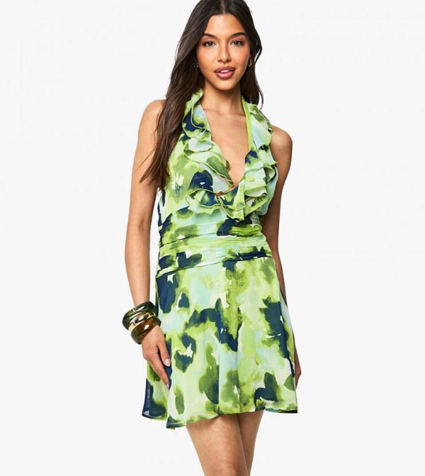 Abstract Printed Ruffled Halterneck Mini Dress