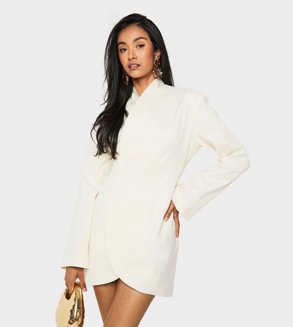 Tailored Collarless Wrap Blazer Dress