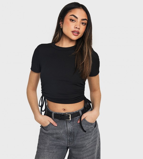 Ribbed Shoulder Pad Ruched Side Crop Top