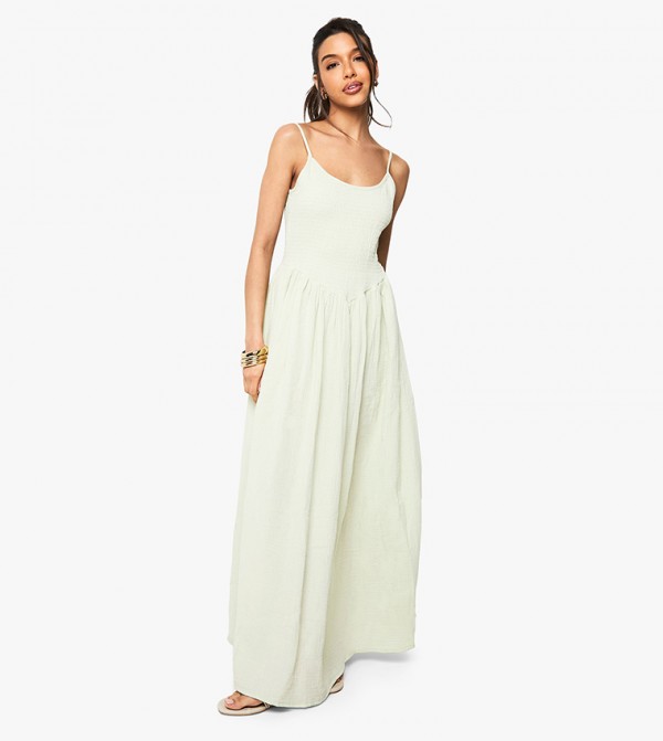 Crinkle Cotton Shirred Strappy Maxi Dress