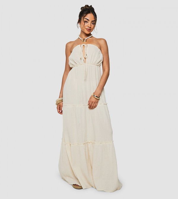 Crinkle Cotton Strappy Tiered Maxi Dress