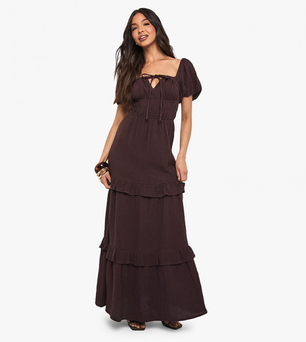 Crinkle Cotton Puff Sleeves Maxi Dress