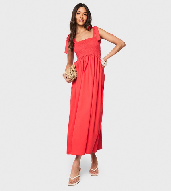 Tie Strap Shirred Poplin Maxi Dress