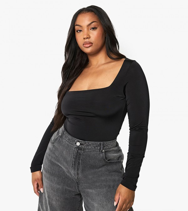 Curve Double Layer Slinky Square Neck Bodysuit Top