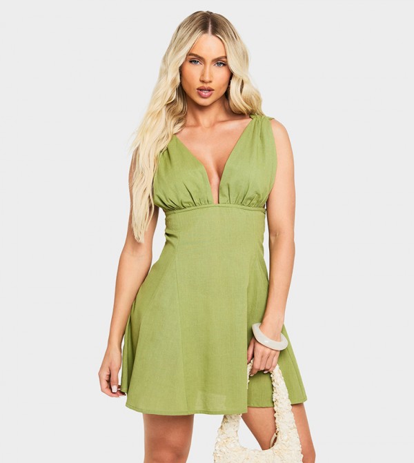 Linen Look V-Neck Swing Mini Dress