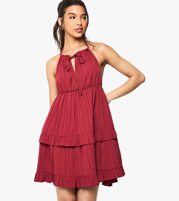 Textured Striped Crinkle Tiered Mini Dress