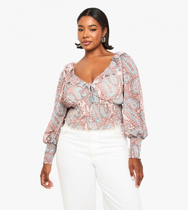 Curve Paisley Print Shirred Waist Plunge Top