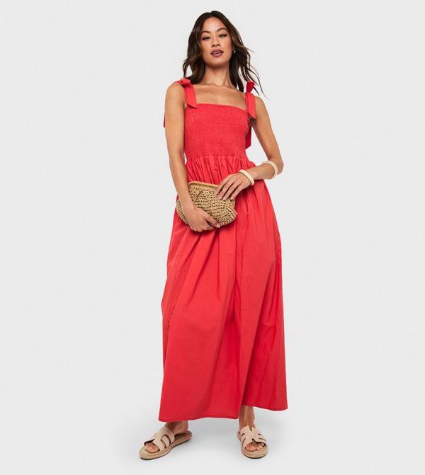 Tall Tie Strap Shirred Poplin Maxi Dress