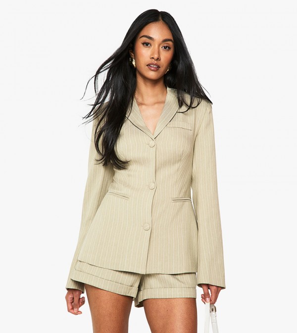 Pinstriped Button Detail Tailored Blazer