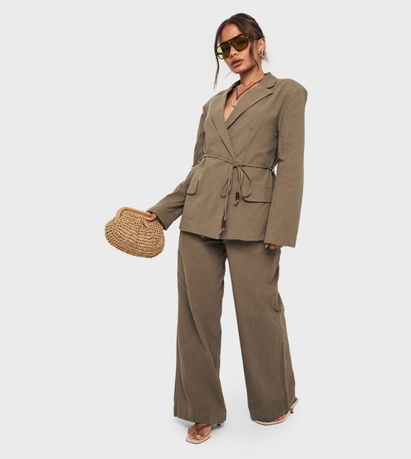 Linen Beaded Tie Detail Wide Leg Trousers