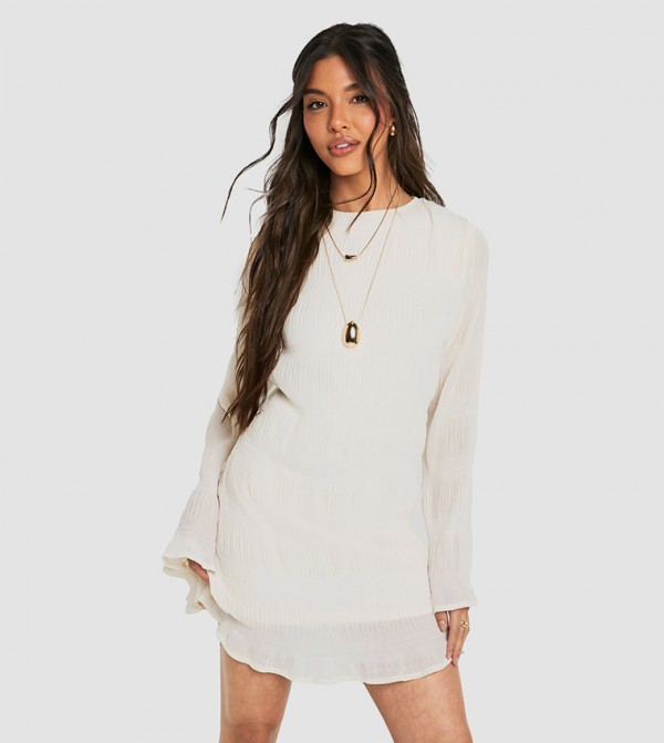 Textured Long Flare Sleeves Mini Dress