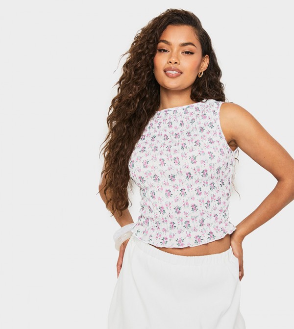 Shirred Floral Print Sleeveless Crop Top