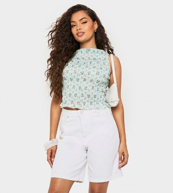 Shirred Floral Print Sleeveless Crop Top