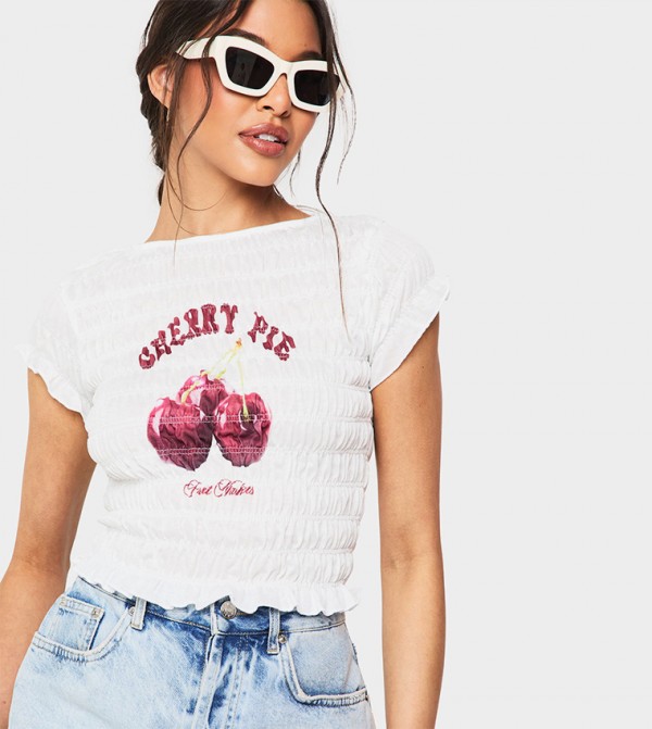 Shirred Cherry Pie Printed Crop Top