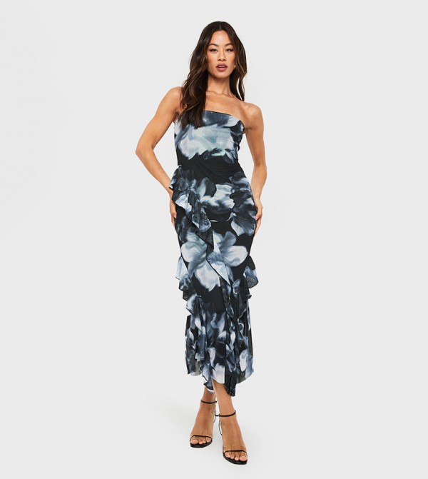 Tall Bandeau Floral Mesh Ruffle Midaxi Dress