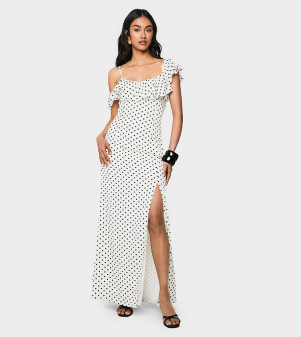 Polka Dot Frill Detail Slit Maxi Dress