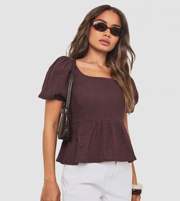 Crinkle Cotton Puff Sleeves Shirred Crop Top