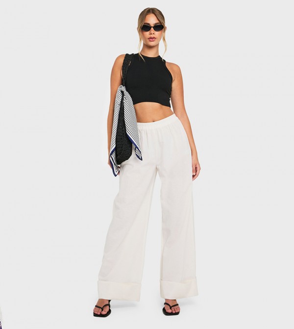 Linen Turn Up Wide Leg Trousers