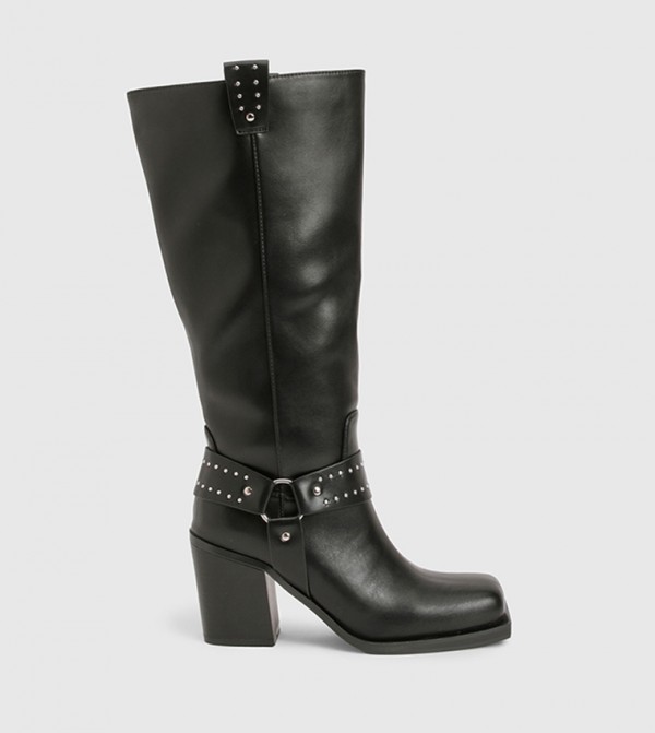 Wide Fit Buckle Detail Knee High Biker Boots