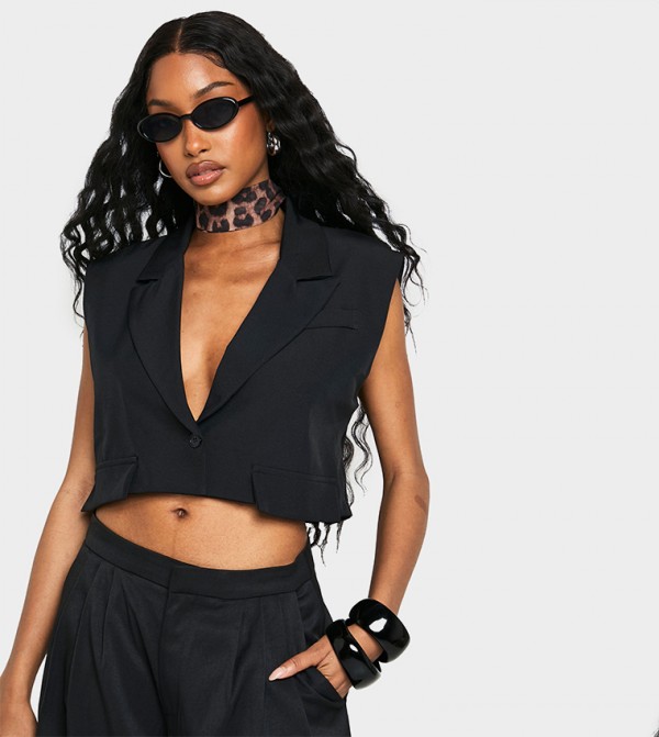 Shoulder Pad Plunge Crop Waistcoat