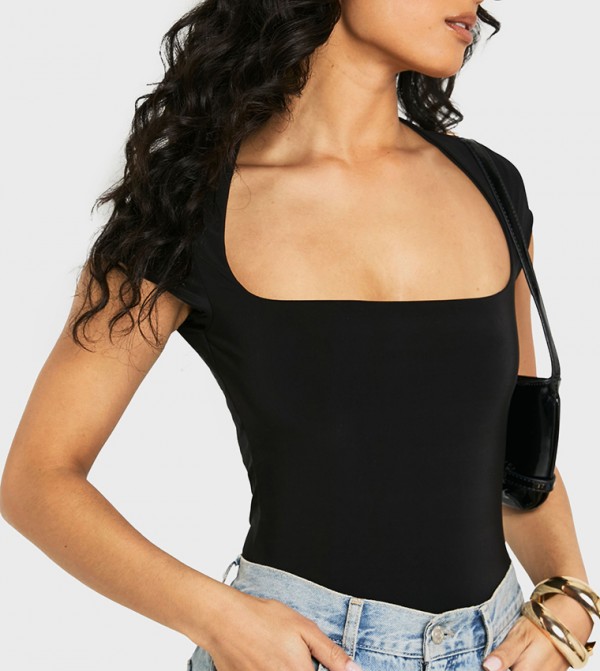 Double Layer Slinky Square Neck Cap Sleeves Bodysuit Top
