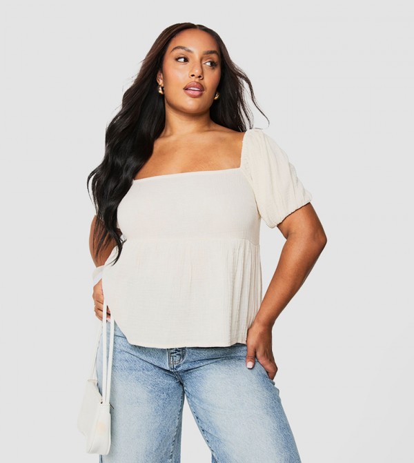 Curve Cheesecloth Puff Sleeves Shirred Crop Top