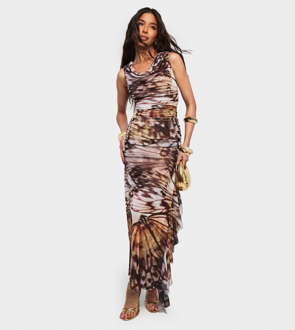 Printed Cowl Neck Column Maxi Dress
