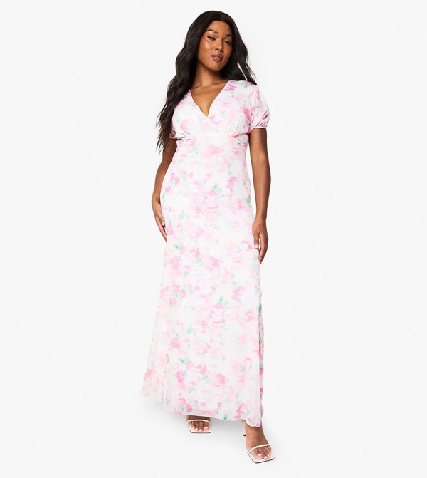 Curve Floral Printed Mesh Midaxi Dress